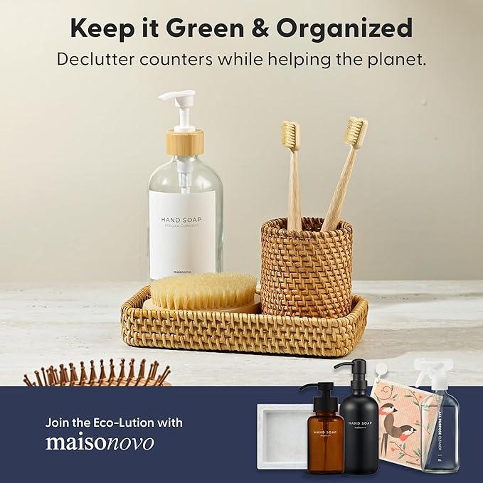 MaisoNovo Rattan Bathroom Set - Clear Countertop Dispenser, Toothbrush Holder & Toothpaste Cup with Tray - Set of 3 - Rattan Bathroom Vanity Trays Rectangle for Storage - ModernBath