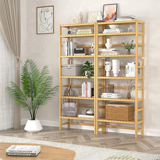 Homykic 6-Tier Bamboo Bookshelves and Bookcases, Adjustable 63.4”Tall Shallow Book Shelf Organizer Rack, Freestanding Storage Shelving Unit for Living Room, Kitchen, Bathroom, Office, Natural - ModernBath