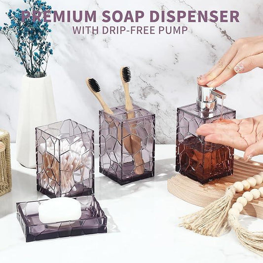 GAHEFY Lavender Purple Bathroom Accessories Set with Toothbrush Holder, Soap Dispenser, Tumbler, Soap Dish, Purple Bathroom Decor,Acrylic (Purple-4pcs) - ModernBath
