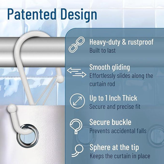 Blau Marité 12 Decorative Metal Shower Curtain Hooks, S-Shaped Hooks with Anti-Fall System, Rust-Proof Shower Rings with Safety Buckle, Fits Rods Up to 1-Inch Diameter (S, White) - ModernBath