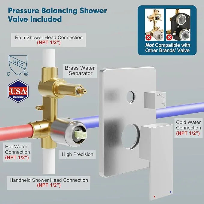 Kurpot Shower System, 10'' High Pressure Brushed Nickel Shower Head with Handheld Spray Combo, Included 59'' Shower Hose, Shower Trim Kit and 2-IN-1 Diverter, Bathroom Shower Faucet Set with Valve - ModernBath
