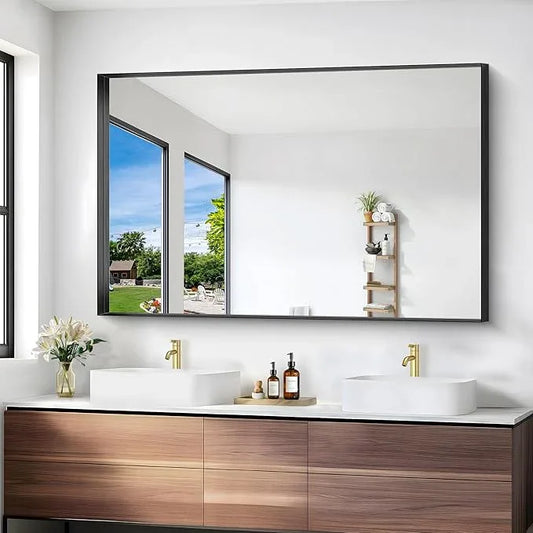Black Bathroom Mirror, 36x55 Inch Rectangular Deep Frame Mirror, Large Wall Mounted Bathroom Vanity Mirror Over Sink for Bedroom,Restroom, Living Room, Hangs Vertically or Horizontally - ModernBath