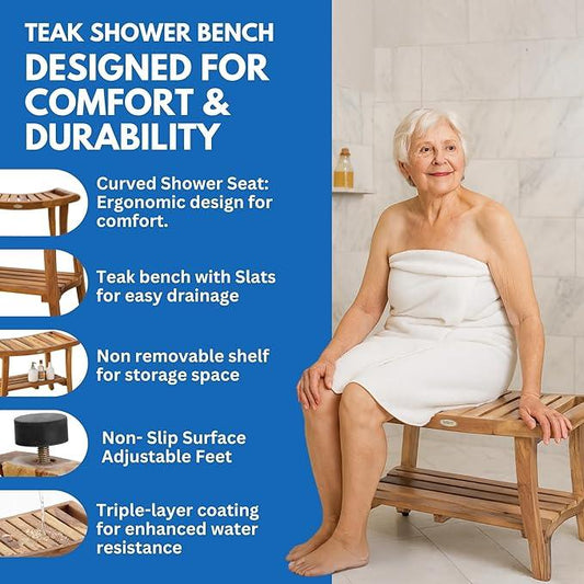 EcoDecors 30 Inch Harmony Natural Color Waterproof Teak Wood Shower Bench Stool Seat Chair For Inside Shower Storage Shelf Provides Safety, Storage, and Organization For Bathroom Accessories - ModernBath