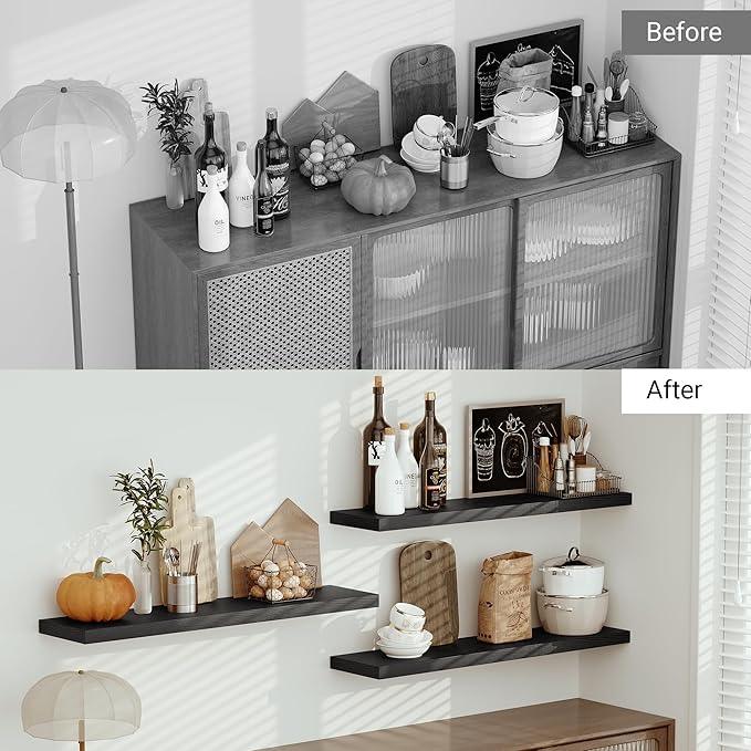 Vivelove Single Floating Shelves 48 Inches, 48 x 10 inch Deep x 1.8 in Thick, Long Wall Shelves Heavy Duty 80 lbs for Bedroom, Living Room, Kitchen, Office, Modern Shelf Book Home Decor, Black - ModernBath
