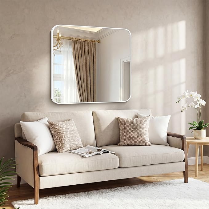 BONEWEI White Bathroom Mirror,36x40 inch Wall Mirror for Bathroom Wall Mounted,Rectangle Mirror for Bathroom Over Sink,Modern Frame Round Corner for Living Room,Bedroom Entryway,Horizontal/Vertical