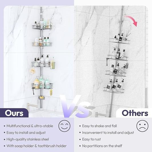 SWTYMIKI Shower Caddy Tension Pole - 4-Tier Corner Shower Organizer Tension Rod with Soap Holder, Toothbrush Holder & 4 Hooks, Adjustable Stainless Steel Bathroom Organizer 27.6 to 108.3 inch, Silver - ModernBath