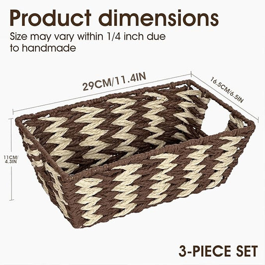 Paper Rope Storage Baskets for Shelves Organizing, Small Hand Woven Wicker Organizer Basket with Handle for Bathroom Toilet Paper Storage, Beige and Brown, 3-Pack