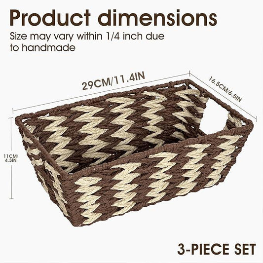 Paper Rope Storage Baskets for Shelves Organizing, Small Hand Woven Wicker Organizer Basket with Handle for Bathroom Toilet Paper Storage, Beige and Brown, 3-Pack - ModernBath