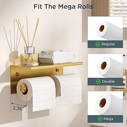 FORIOUS Double Toilet Paper Holder with Shelf, Wall Mount Tissue Roll Holder for Bathroom, 304 Stainless Steel Commercial Toilet Tissue Dispensers with Phone Shelf (1, Brushed Gold) - ModernBath