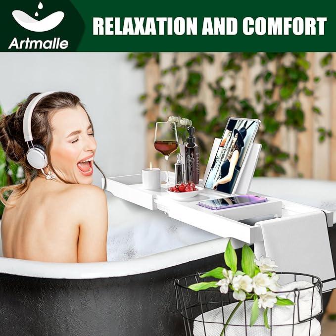 Artmalle Bathtub Tray for Tub, Expandable Bamboo Bath Caddy Tray with Book Holder for Home Spa Relaxing, Foldable Minimalist Bathroom Accessories for Women Men (Simple, White) - ModernBath