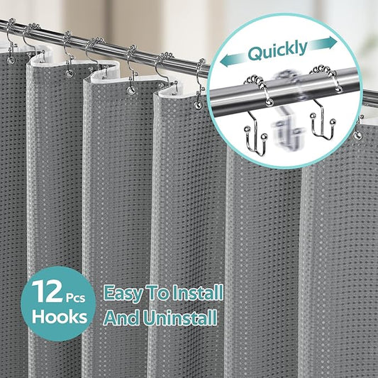 Vipfree 3 in 1 Shower Curtain Set, Waffle Shower Curtain and Liner Set with 12 Double Sided Shower Curtain Hooks, 258GSM Luxury Weighted Cloth Shower Curtains for Bathroom, 72 W x 84 H, Grey