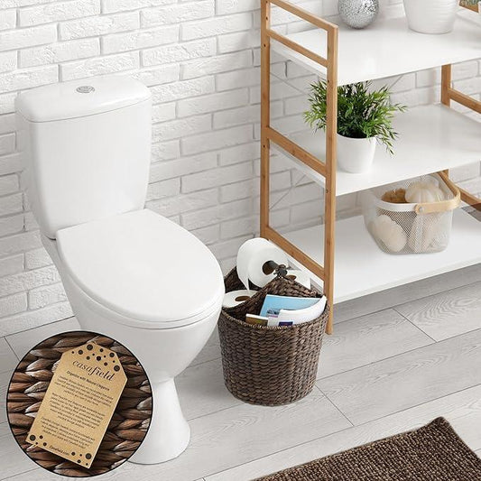 Casafield Toilet Paper Roll Storage Basket with Magazine Holder, Espresso - Woven Water Hyacinth Wicker Bathroom Bin for Bath Tissue and Toiletries - ModernBath