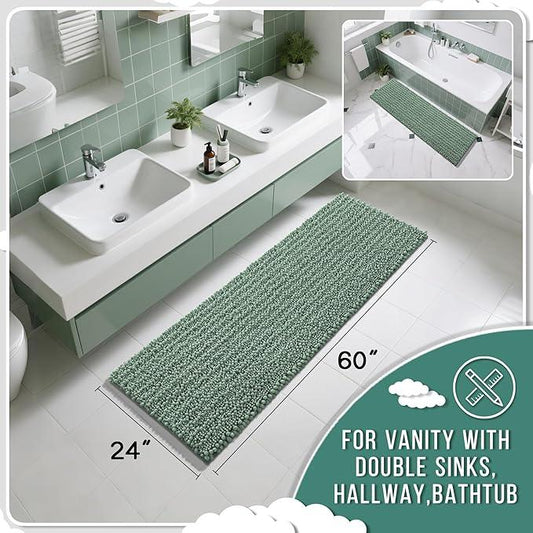 Yimobra Bathroom Runner Rug 60x24 Inch - Extra Long Non Slip Chenille Bath Mat, Soft & Absorbent, Machine Washable Shaggy Hallway Carpet for Vanity Tub Shower, Green Home Decor Accessories - ModernBath