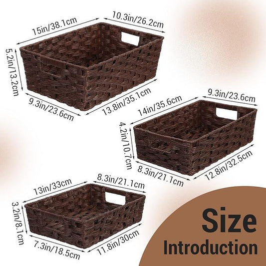 Ferrochef Set of 3 Large Wicker Storage Baskets for Shelves, Wicker Basket for Organizing, Waterproof Woven Baskets for Shelves and Pantry, Toilet, Bathroom, Bedroom, Patio(Brown) - ModernBath