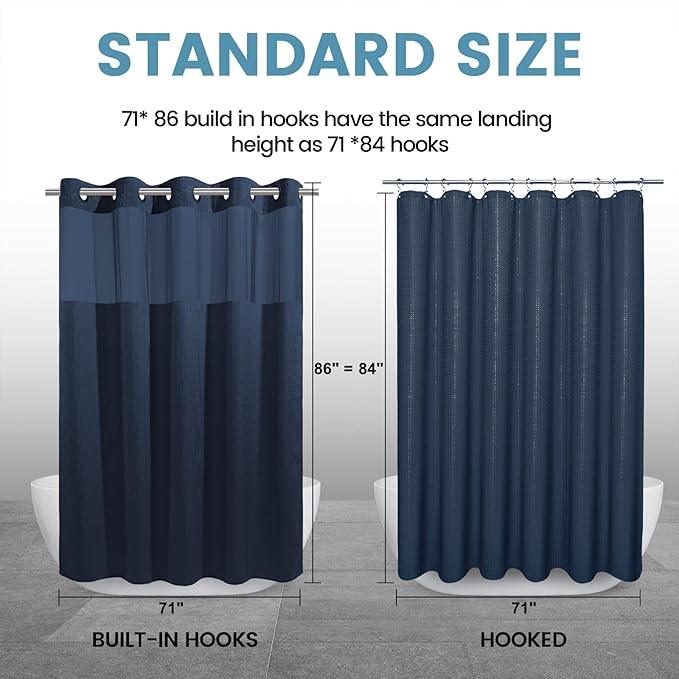 EUTXL Navy Blue Long No Hook Shower Curtain with Snap in Liner,230GSM Waffle Weave Shower Curtains for Bathroom,71W x 86H - ModernBath
