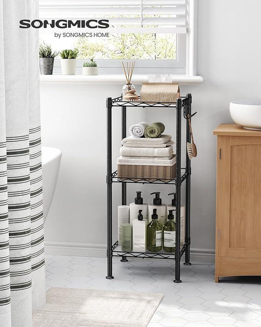 SONGMICS 3-Tier Bathroom Shelf, Storage Rack for Small Space, with 3 PP Shelf Liners, Removable Hook, Extendable Design, Ink Black and Translucent ULGR103B01 - ModernBath