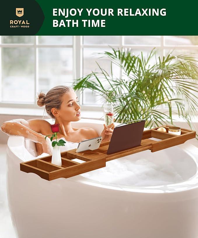 ROYAL CRAFT WOOD Premium Foldable Bathtub Tray - Wood Bath Tray for Tub, Bamboo Shelf, Expandable Bath Table Trays, Bathtub & Bathroom Accessories for New Home Gifts for Mom - ModernBath