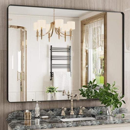 JISOSO Black Bathroom Mirror 48X36 Inch, Black Metal Framed Mirror for Wall, Rounded Rectangle Matte Bathroom Vanity Mirror with Tempered Glass, Anti-Rust, Horizontal/Vertical - ModernBath