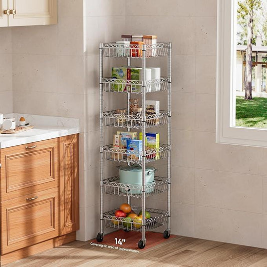 6 Shelves Storage Shelf Wire Closet Bathroom Organizers Metal Pantry Kitchen Garage Shelving Unit Laundry Room Organization Home Rack Net Basket Silver with Wheels 14" Dx14 Wx64.8 H - ModernBath