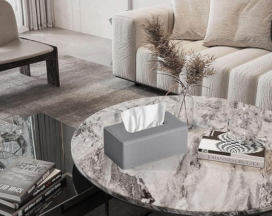 GOLRANLYE Tissue Box Cover Rectangular 9.8"(L) x 5.3"(W) x 4.3"(H) Refined Modern PU Leather Facial Tissue Dispenser Box Holder for Dresser Bathroom Decorative (Linen Grey) - ModernBath
