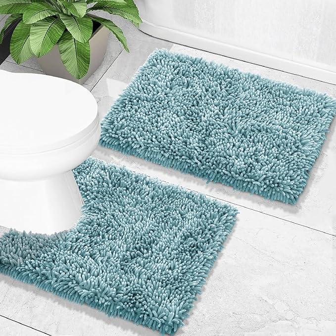 Yimobra Toilet Rugs U Shaped Washable, Extra Thick Soft Absorbent Chenille Contour Bathroom Rugs for Toilet 24x20 Inch, Quick Dry Non Slip Toilet Mat for Bath Floor, Greyish Blue - ModernBath