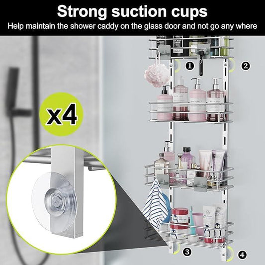 Orimade Over the Door Shower Caddy Adjustable 5 Tier Silver Grey,Bathroom Hanging Organizer Shelf Rustproof with 4 Hooks,Shower Basket with Soap Holder and Suction Cup - ModernBath