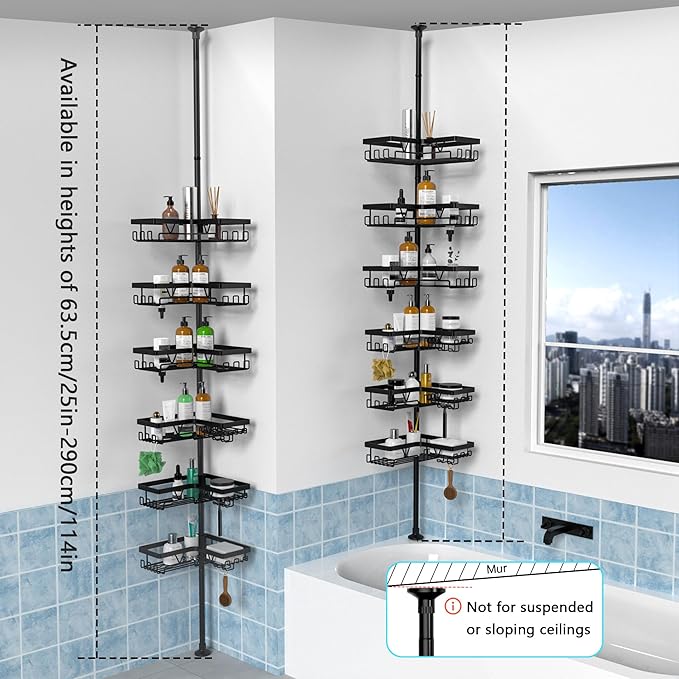 KEGII Corner Shower Organizer, 6-Tier Tension Pole Shower Caddy, Black Floor Standing Corner Shelf for Shower 25-114.2 inch, Waterproof and Rustproof