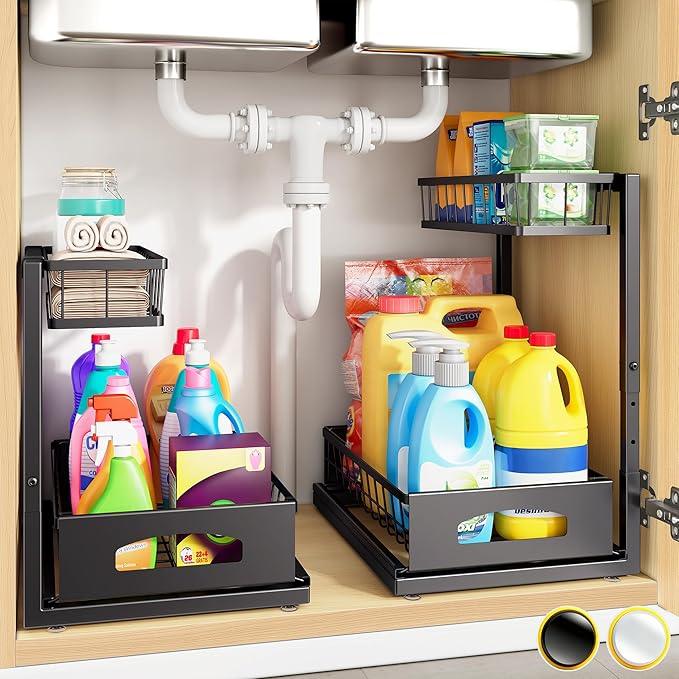 Under Sink Organizer , 2 Pack Height Adjustable Cabinet Organizer with Slide Out Drawer, Pull Out Under Sink Storage, Multi-Purpose 2 Tier Sink Shelves for Kitchen Bathroom Pantry (Black, 2 Pack) - ModernBath