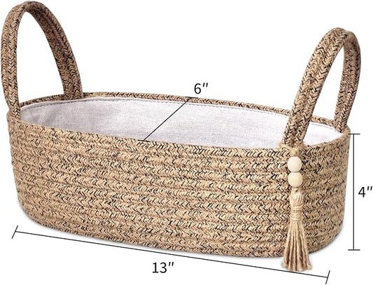 ABenkle Small Storage Basket for Toilet Tank Top - Jute Rope Woven Organizer with Handle, Boho Countertop Bathroom Decor, Toilet Paper Holder, 13x6x4 Inch