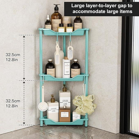 Orimade Rustproof 3 Tier Floor Standing Corner Shower Caddy Organizer, Plastic Metal Splicing Floor Corner Shelf Rack Stands for Bathroom, Blue - ModernBath