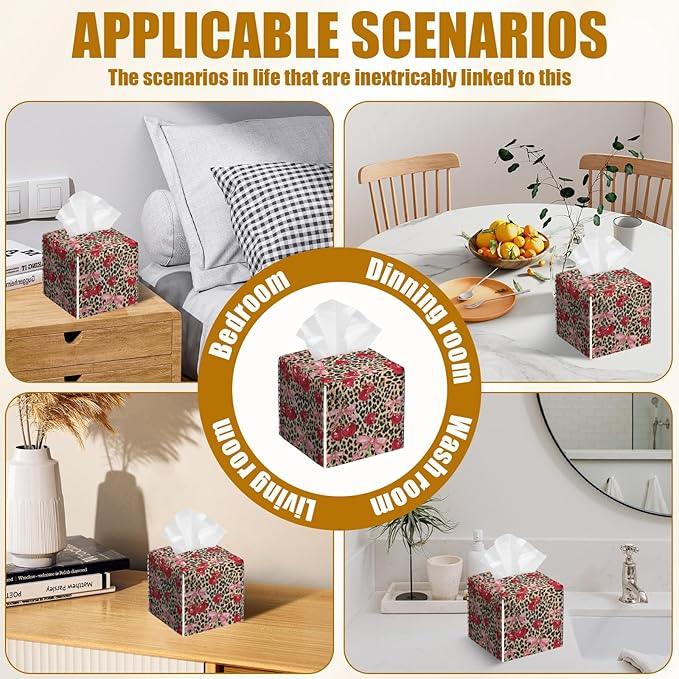 Pink Cherry Bow Tissue Box Cover 2PCS, Leopard Leather Tissue Box Holder Square Facial Paper Case Tissue Box Cube Organizer for Bathroom Bedroom Desk Office - ModernBath