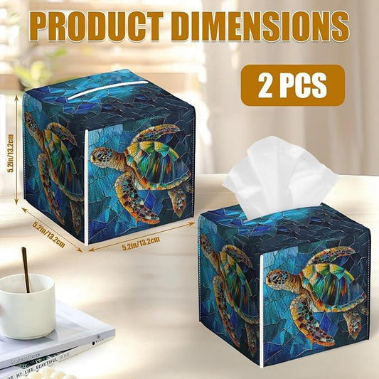 Glass Sea Turtle Tissue Box Cover 2PCS, Leather Tissue Box Holder Square Facial Paper Case Tissue Box Cube Organizer for Bathroom Bedroom Desk Office - ModernBath