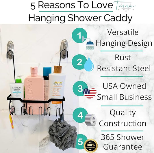 Heavy-Duty Black Hanging Shower Caddy with Rotatable Hooks and Adhesives - Rust-Proof 304 Stainless Steel - Bathroom Caddy for Organizing Your Shower Essentials