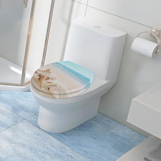 Angol Shiold Round Toilet Seat Molded Wood Toilet Seat with Quietly Close and Quick Release Hinges, Easy to Install also Easy to Clean (Round, Beach)