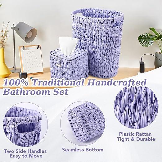BSSN Wicker Trash Can & Square Tissue Box, Handwoven Waterproof Waste Basket with Handles, Wicker Home Set for Bedroom, Bathroom, Kitchen, Office, Balcony (Light Purple) - ModernBath
