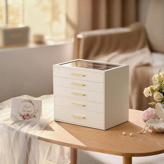pickpiff Jewelry Box Organizer Case for Women: 5-Layer Jewelry Storage Case with Glass Window, Ivory Leather with Pink Velvet, Holder for Ring Necklace Bracelet Brooch Watch, Great Gift for Her - ModernBath
