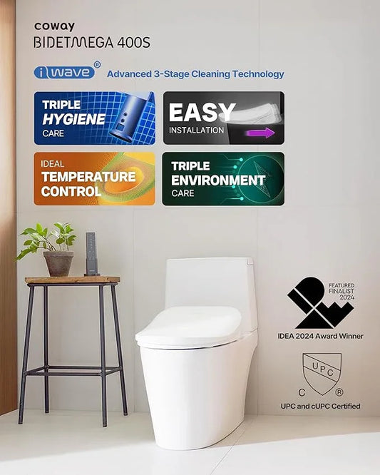 Coway Electronic Bidet Elongated Toilet Seat with Instantaneous Water Heating, Heated Seat and Dryer, Soft Close Lid, Stainless Nozzle, Self Cleaning, Remote Control 400S - ModernBath