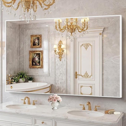 BONEWEI White Bathroom Mirror,60x40 inch Wall Mirror for Bathroom Wall Mounted,Large Rectangle Mirror for Bathroom Over Sink,Modern Metal Frame for Living Room,Bedroom Entryway,Horizontal/Vertical