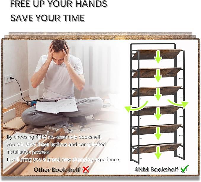 4NM No Assembly 6 Tiers Folding Bookshelf Storage Shelves Vintage Bookcase Standing Racks Study Organizer Home Office (Rustic Brown Black) - ModernBath