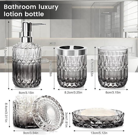 5-Piece Bathroom Accessory Set, Diamond Glass Bathroom Soap Lotion Dispenser, Toothbrush Holder, Tray, Jar, Tumbler, Luxury Vanity Organizer, Elegant Home Decor - ModernBath