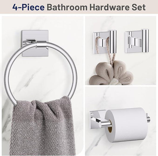Towel Ring Set 4 Piece Bathroom Hardware Set Includes Towel Ring 2 Towel Hooks and Toilet Paper Holder Stainless Steel Wall Mounted (Polished Chrome) - ModernBath