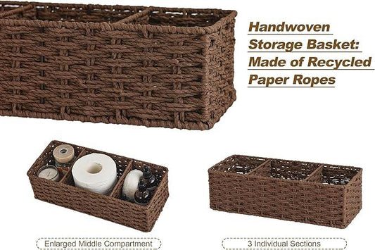 StorageWorks 3-Section Wicker Baskets for Shelves, Hand-Woven Round Paper Rope Storage Baskets, Walnut, 2-Pack - ModernBath