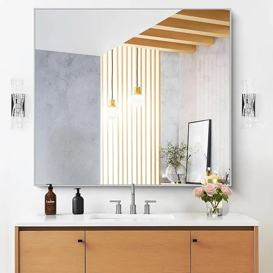DESBING 36" x 40"Bathroom Mirror, Silver Rectangle Corner Wall Mirror with Metal Frame, Decorative Rectangular Vanity Mirror for Bedroom Bathroom Living Room Entryway (Horizontal/Vertical) - ModernBath