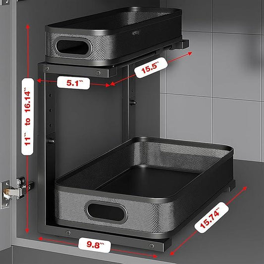 2 Pack Under Sink Organizer, Dual-Layer Pull Out Mesh Cabinet Rack with 5-Level Height Adjustment, Rust-Resistant Sliding Storage for Bathroom & Kitchen, Multi-Purpose 2-Tier Shelf(Black) - ModernBath