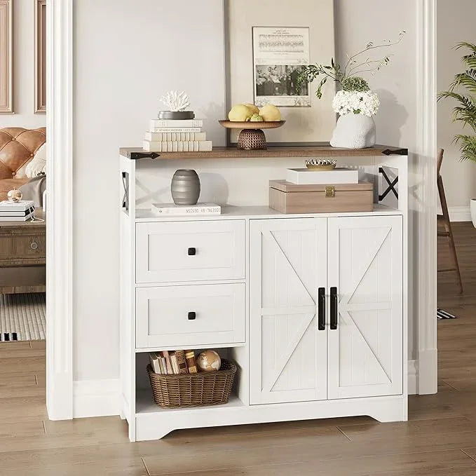 Fameill Farmhouse Storage Cabinet with Drawers and Open Storage,Freestanding Kitchen Pantry with 2 Barn Doors, Floor Cabinet with Adjustable Shelf for Living Room,White - ModernBath