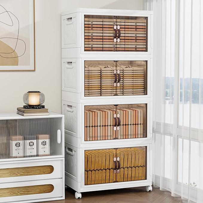 Storage Bins with 2 Lids and Wheels, 990QT-165QT*6Tier Collapsible Bathroom Storage Cabinet with Clear Doors, Plastic Stackable Closet Organizers and Containers White - ModernBath