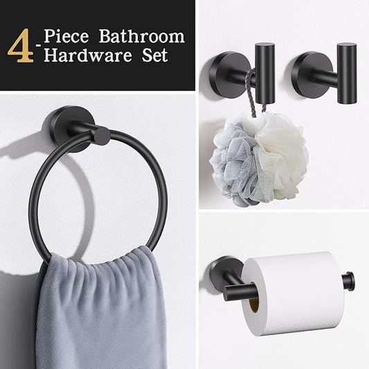 Lairuier Bathroom Hardware Set, 4-Piece Towel Bar Set Include Toilet Paper Holder,Towel Ring and 2 Towel Hooks Stainless Steel Wall Mounted Bathroom Hardware Accessories Set (Matte Black) - ModernBath