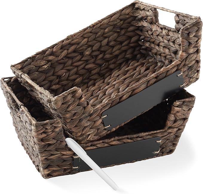 Casafield Set of 2 Water Hyacinth Pantry Baskets with Handles, Chalkboard Labels, and Marker - Espresso, Wide Woven Storage Bin Organizers for Kitchen Shelves - ModernBath
