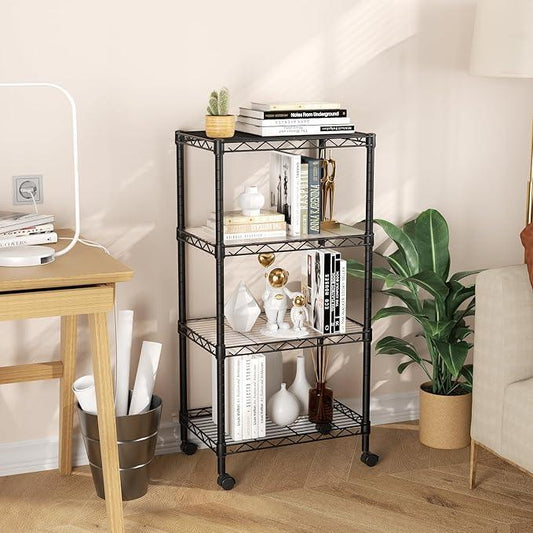 SINGAYE 4 Small Shelves Storage Shelf Wire Shelving Unit Metal Shelf Adjustable Organizers Storage Shelving with Wheels for Bathroom Laundry Room Kitchen Pantry12”D x 18”W x 45”H Black - ModernBath