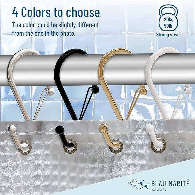 Blau Marité Set of 12 Black Metal S Hook Shower Hooks 1” – Closed, Heavy Duty, Long Decorative Shower Curtain Hooks, Easy Glide, Buckle, Large Rust Resistant Rings for Bathroom Rods (Black, S) - ModernBath